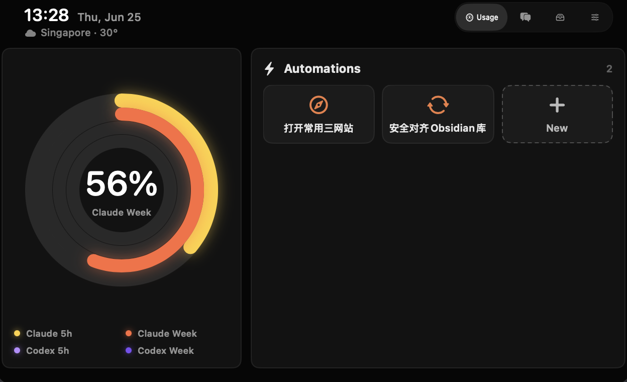 NotchPilot's live Claude Code and Codex token dashboard, open from the MacBook notch