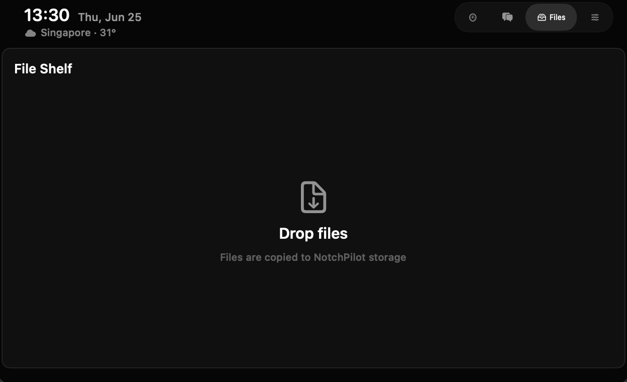 NotchPilot file shelf — drag any file onto the notch to stash it